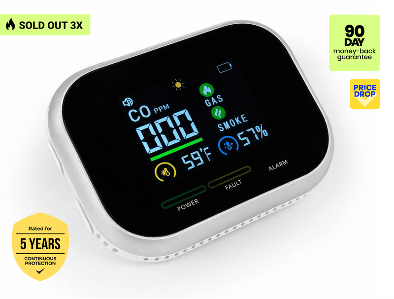 Carbon One Safe detector with sold out, 90-day guarantee, 5-year warranty and price drop badges