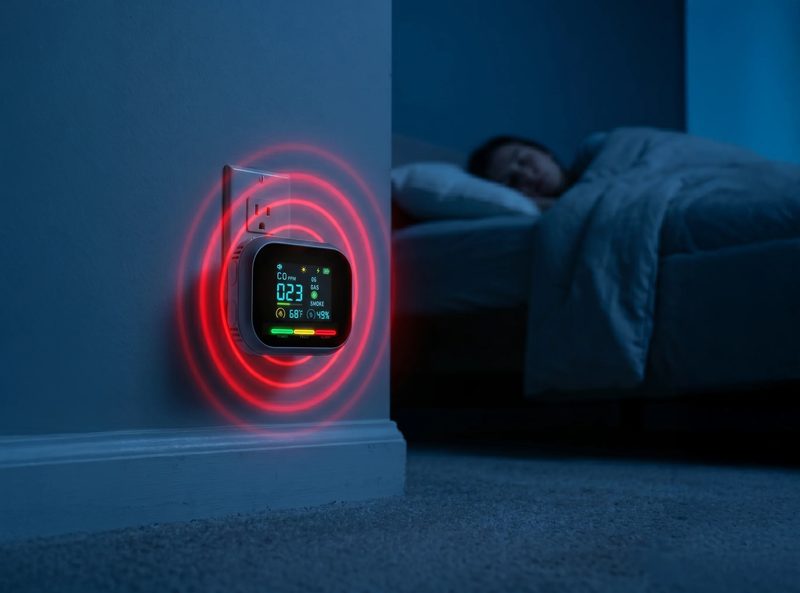 Carbon One Safe detector on a nightstand next to a bed